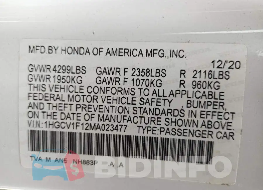 1HGCV1F12MA023477 Photo# 10