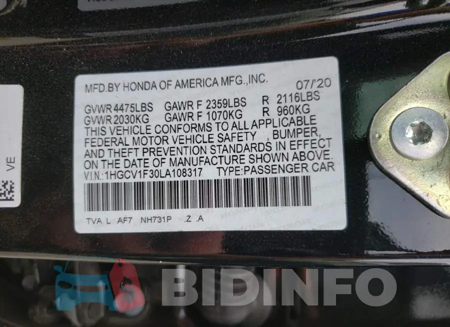 1HGCV1F30LA108317 Photo# 10