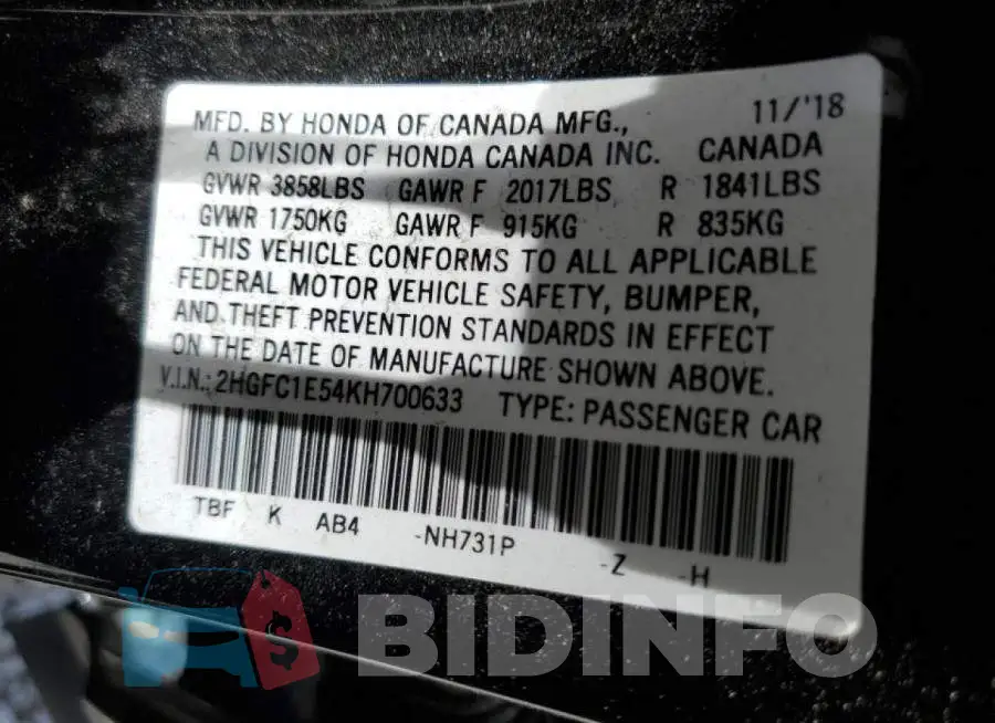 2HGFC1E54KH700633 Photo# 10