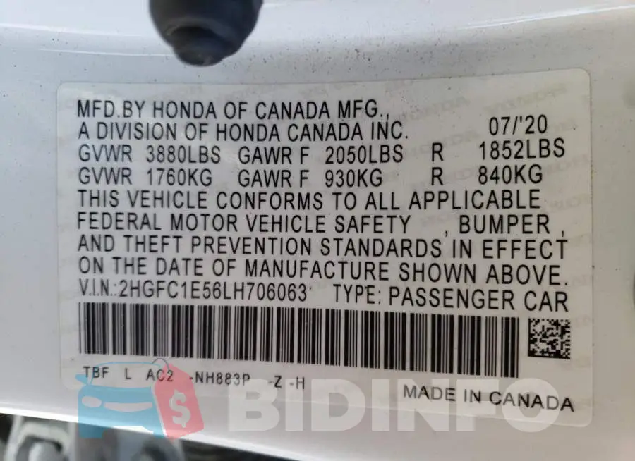 2HGFC1E56LH706063 Photo# 10
