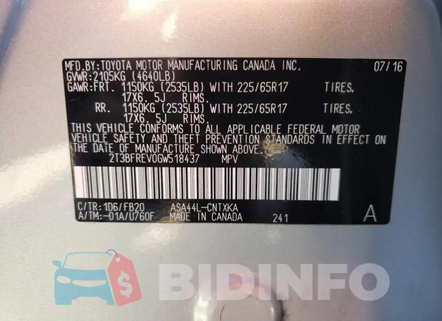 2T3BFREV0GW518437 Photo# 10