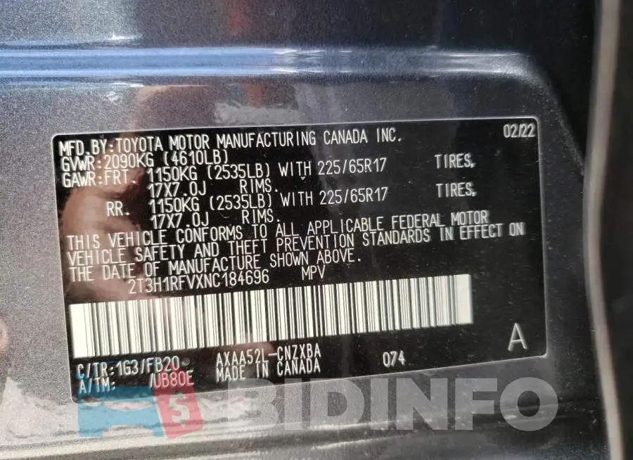 2T3H1RFVXNC184696 Photo# 10