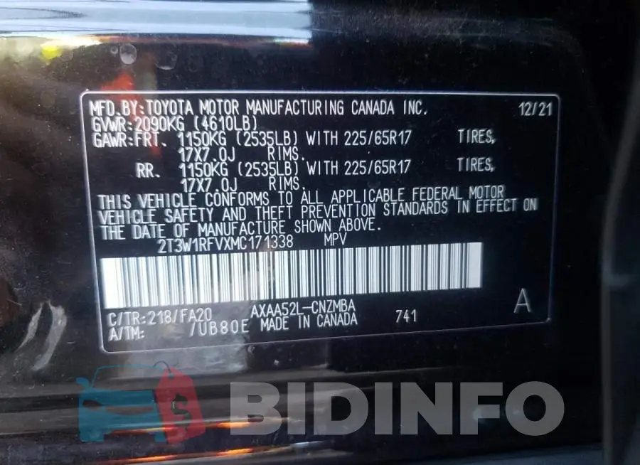 2T3W1RFVXMC171338 Photo# 10