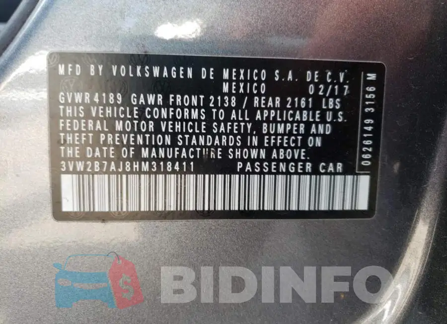 3VW2B7AJ8HM318411 Photo# 10