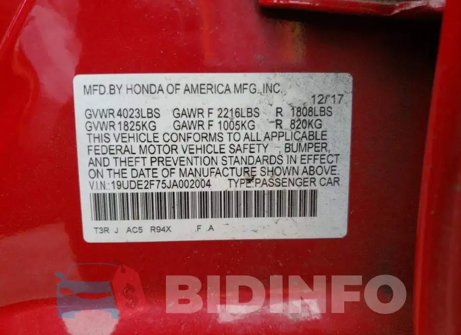 19UDE2F75JA002004 Photo# 10