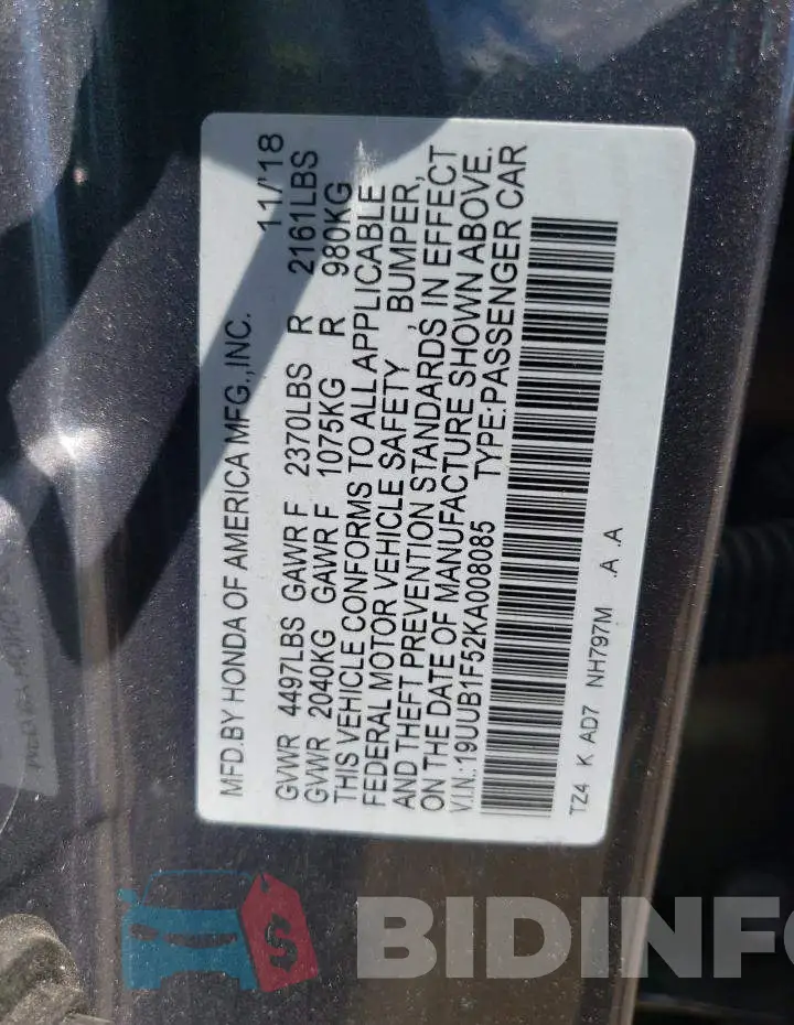 19UUB1F52KA008085 Photo# 10