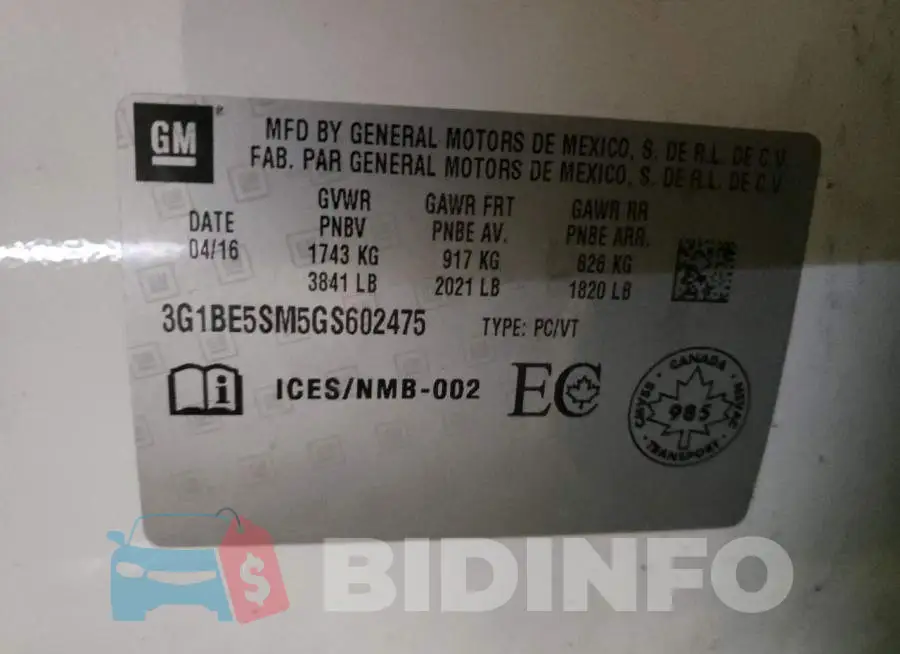3G1BE5SM5GS602475 Photo# 10
