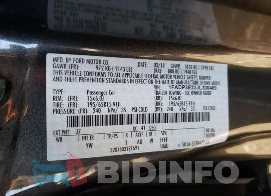 1FADP3E22JL300489 Photo# 10