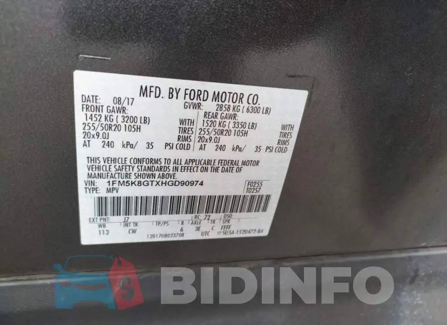 1FM5K8GTXHGD90974 Photo# 10