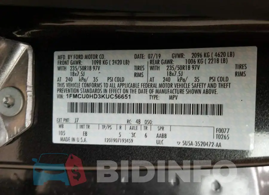 1FMCU0HD3KUC56651 Photo# 10