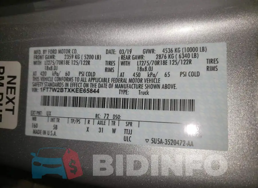 1FT7W2BTXKEE65844 Photo# 10