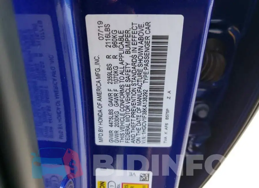 1HGCV1F38KA138292 Photo# 10