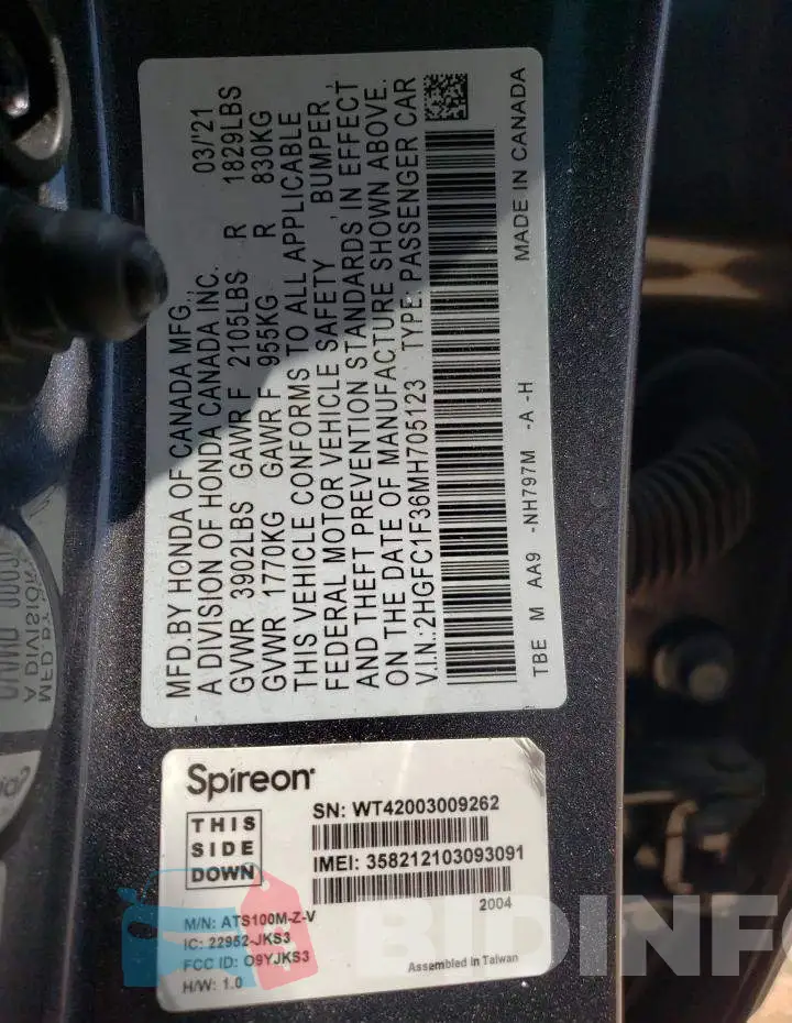 2HGFC1F36MH705123 Photo# 10