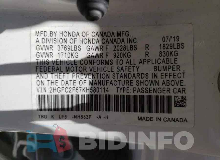 2HGFC2F67KH580114 Photo# 10