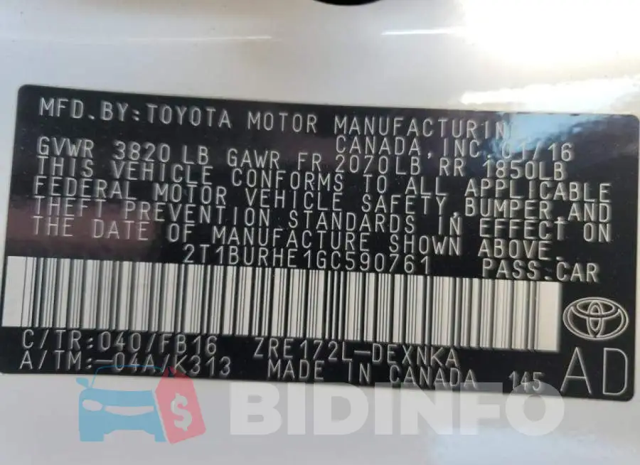 2T1BURHE1GC590761 Photo# 10