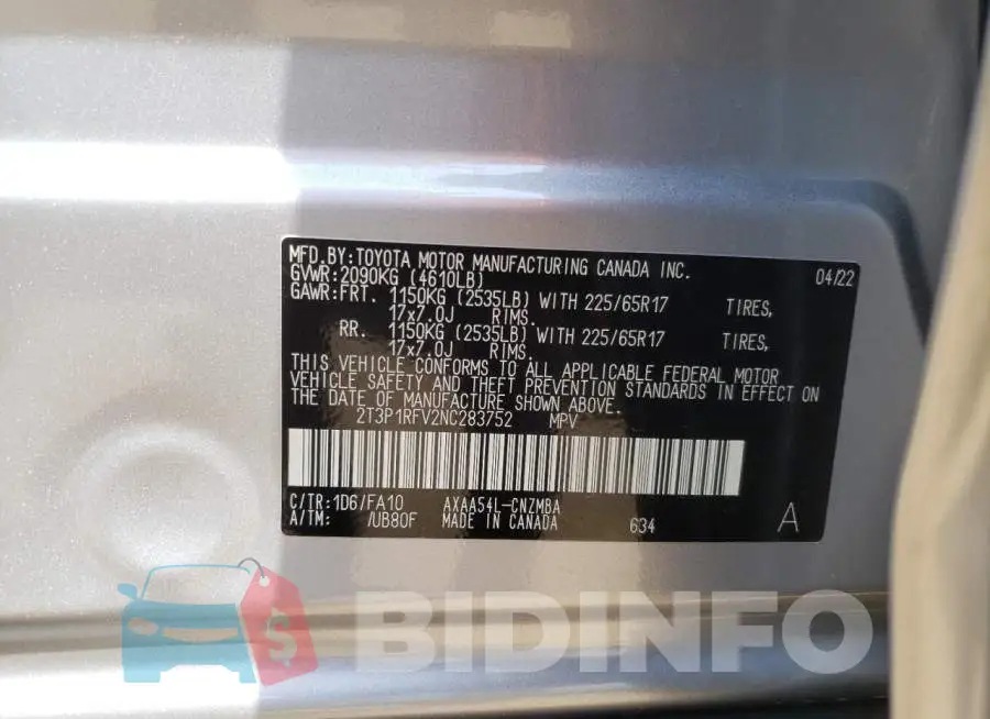 2T3P1RFV2NC283752 Photo# 10