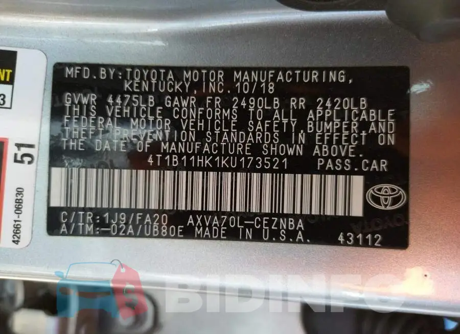4T1B11HK1KU173521 Photo# 10