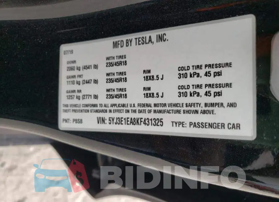 5YJ3E1EA8KF431325 Photo# 10