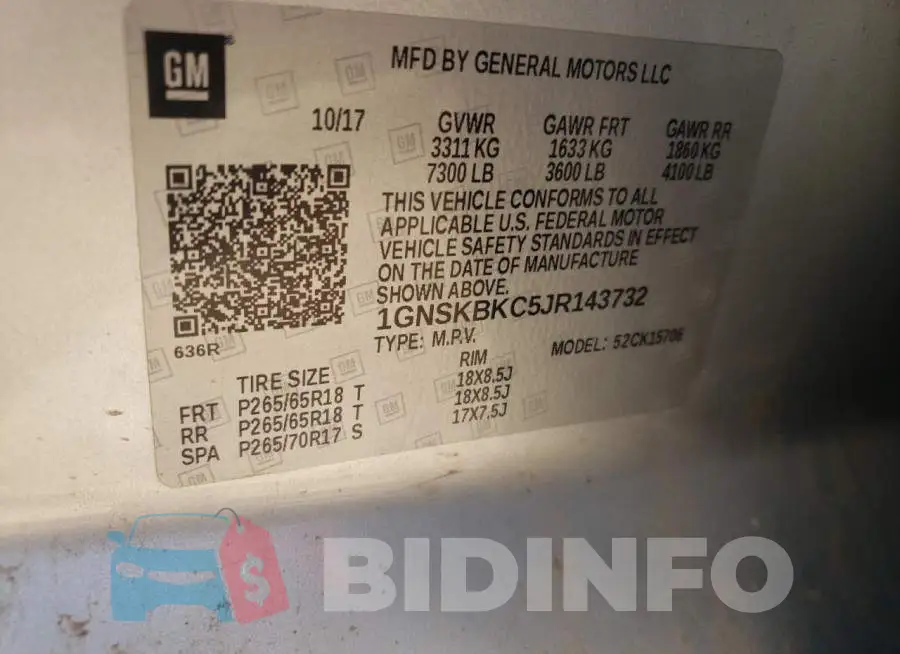 1GNSKBKC5JR143732 Photo# 10