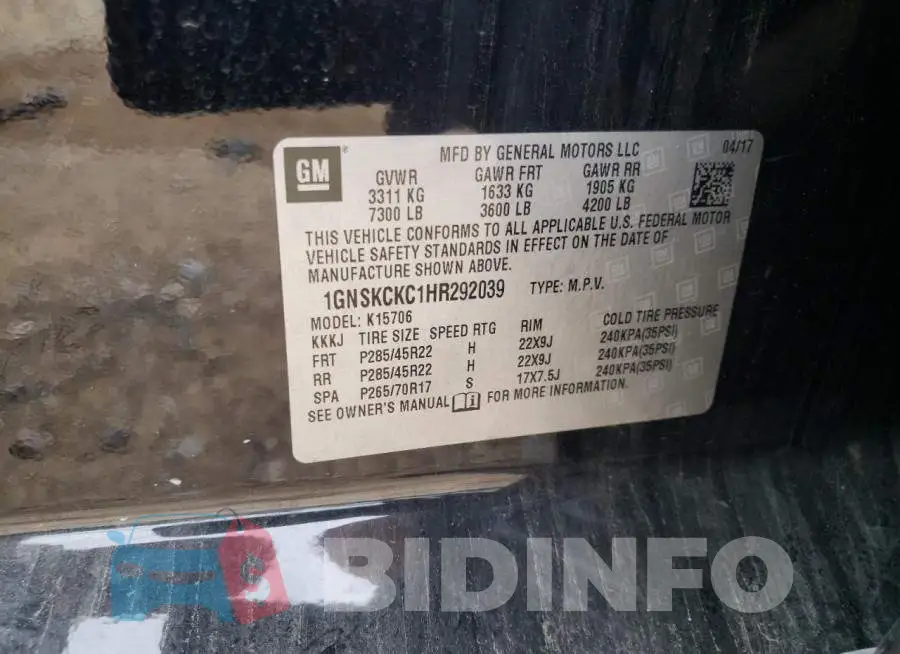 1GNSKCKC1HR292039 Photo# 10