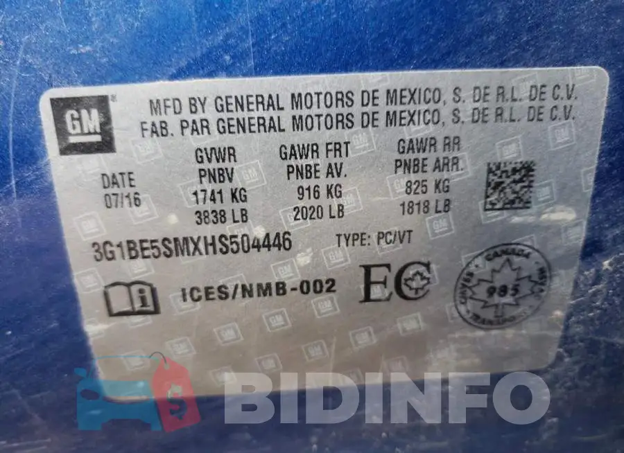 3G1BE5SMXHS504446 Photo# 10