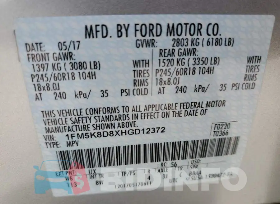 1FM5K8D8XHGD12372 Photo# 10