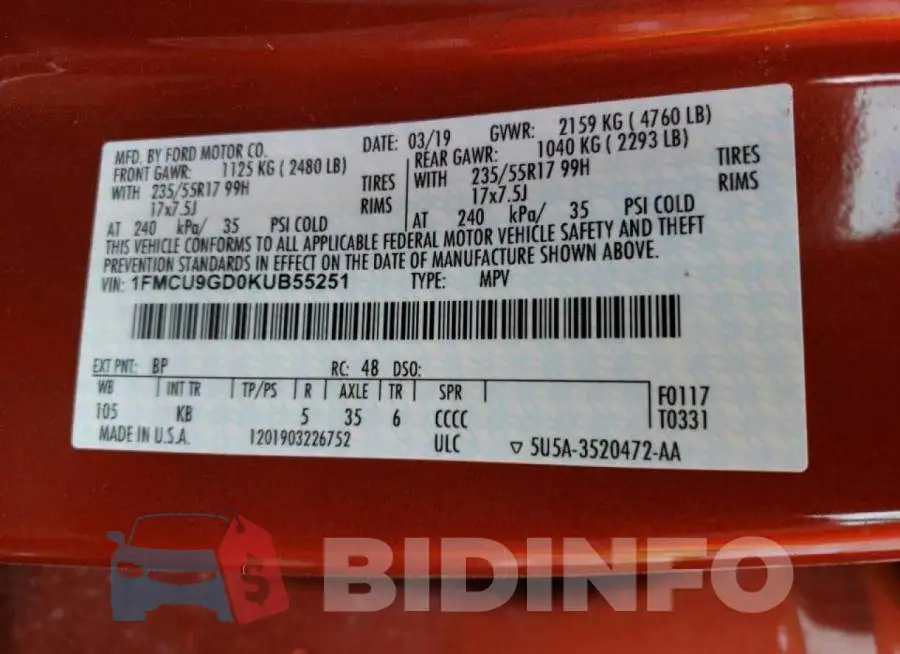 1FMCU9GD0KUB55251 Photo# 10