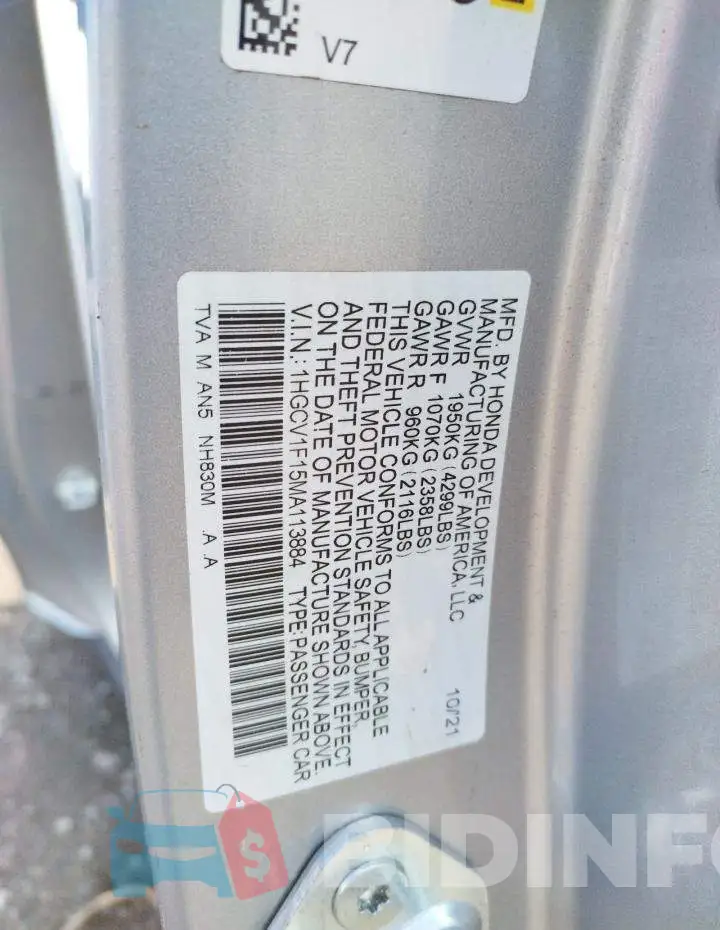 1HGCV1F15MA113884 Photo# 10