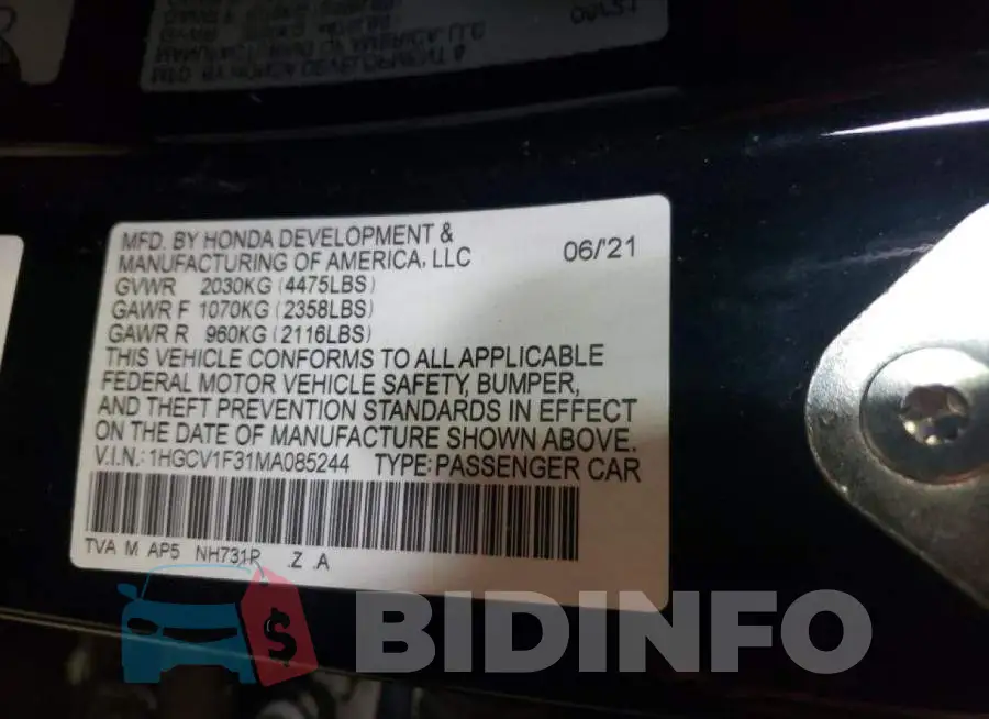 1HGCV1F31MA085244 Photo# 10