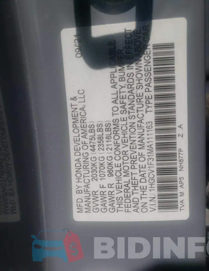 1HGCV1F31MA111163 Photo# 10