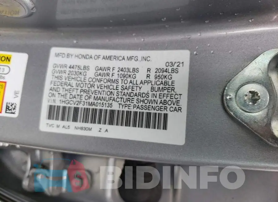 1HGCV2F31MA015135 Photo# 10