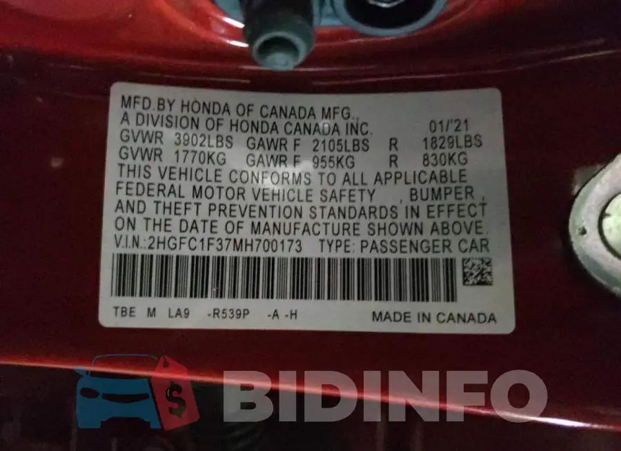 2HGFC1F37MH700173 Photo# 10