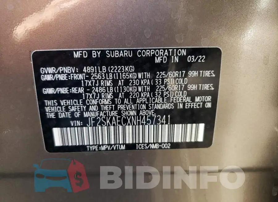 JF2SKAECXNH457341 Photo# 10