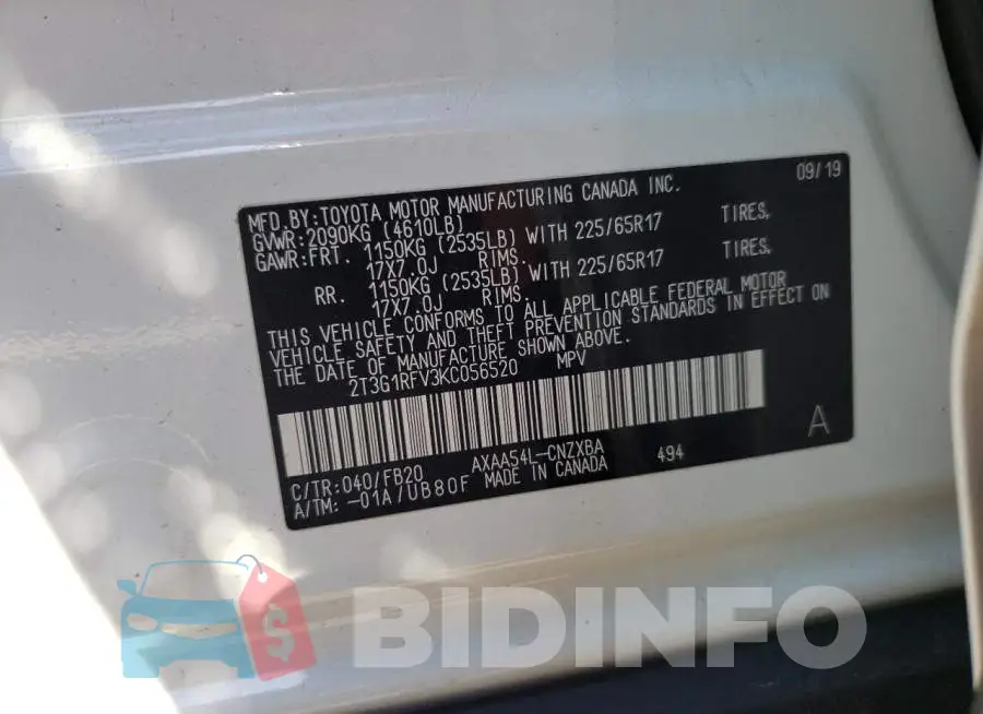 2T3G1RFV3KC056520 Photo# 10