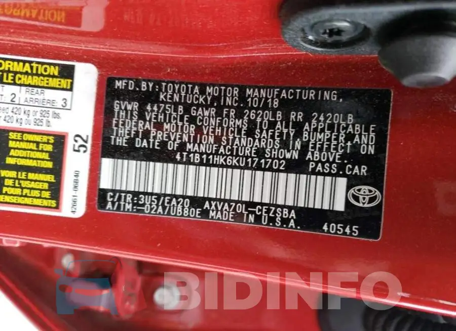 4T1B11HK6KU171702 Photo# 10