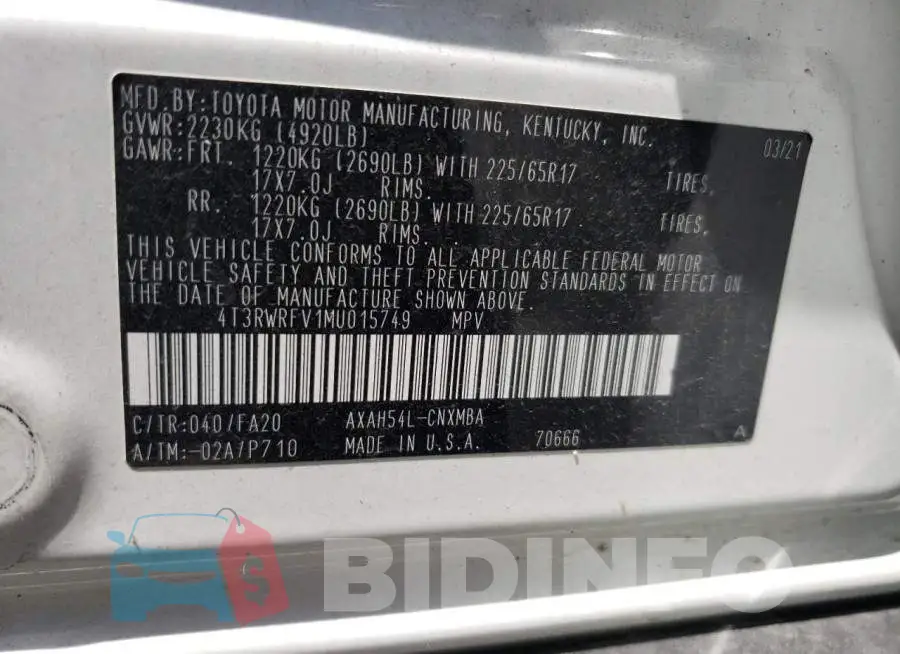 4T3RWRFV1MU015749 Photo# 10