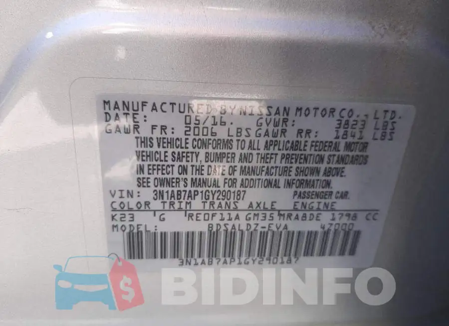 3N1AB7AP1GY290187 Photo# 10