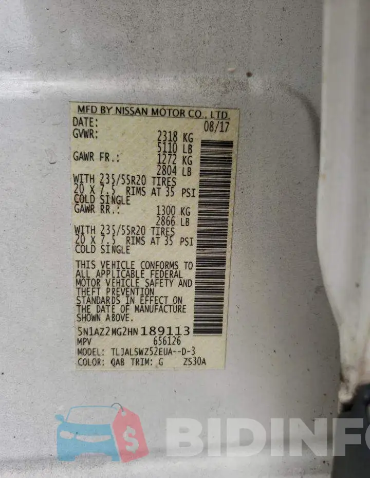 5N1AZ2MG2HN189113 Photo# 10