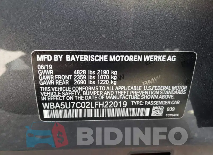 WBA5U7C02LFH22019 Photo# 10