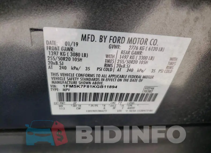 1FM5K7F81KGB11894 Photo# 10
