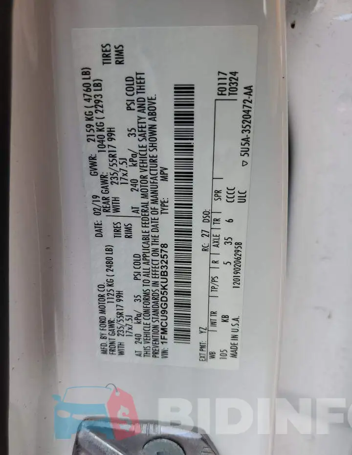 1FMCU9GD5KUB32578 Photo# 10