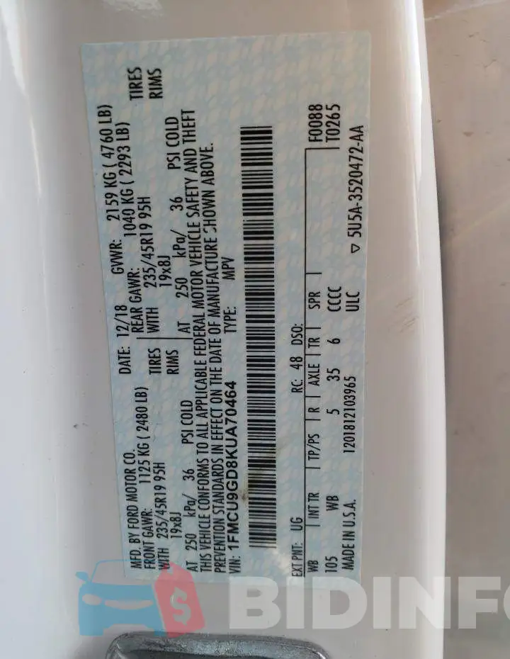 1FMCU9GD8KUA70464 Photo# 10