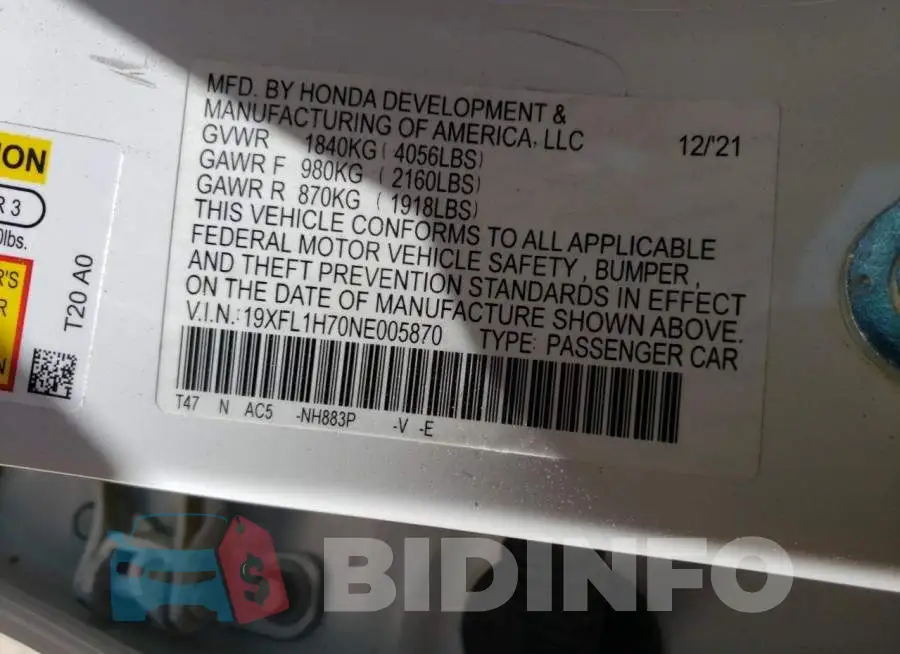 19XFL1H70NE005870 Photo# 10
