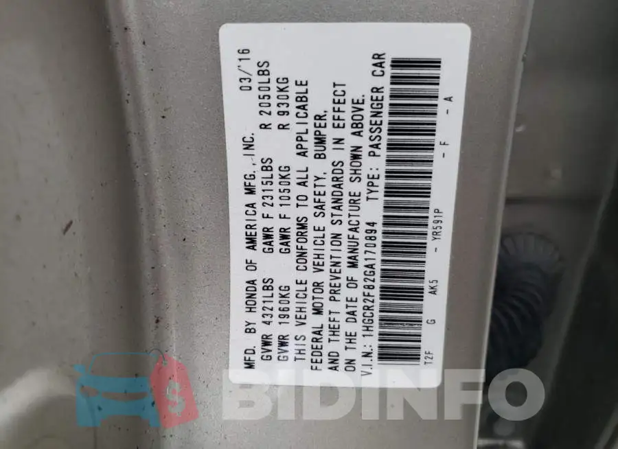 1HGCR2F82GA170894 Photo# 10