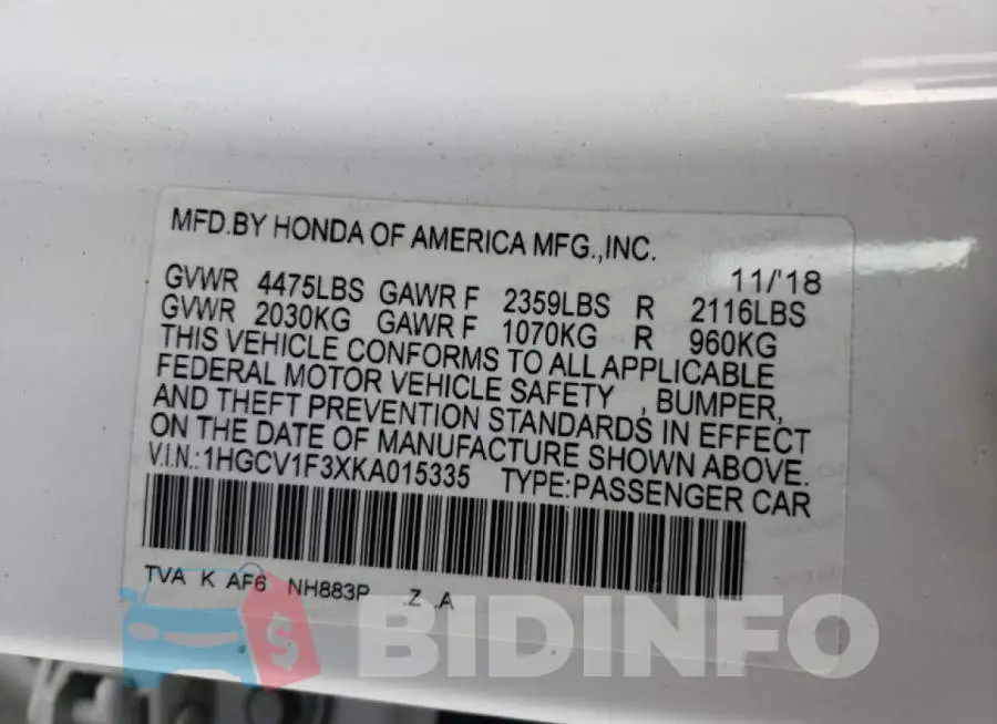 1HGCV1F3XKA015335 Photo# 10