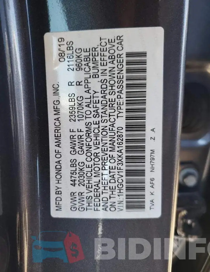 1HGCV1F3XKA162870 Photo# 10