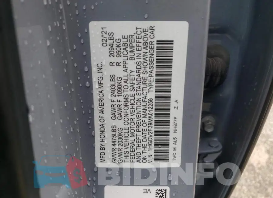 1HGCV2F39MA012256 Photo# 10