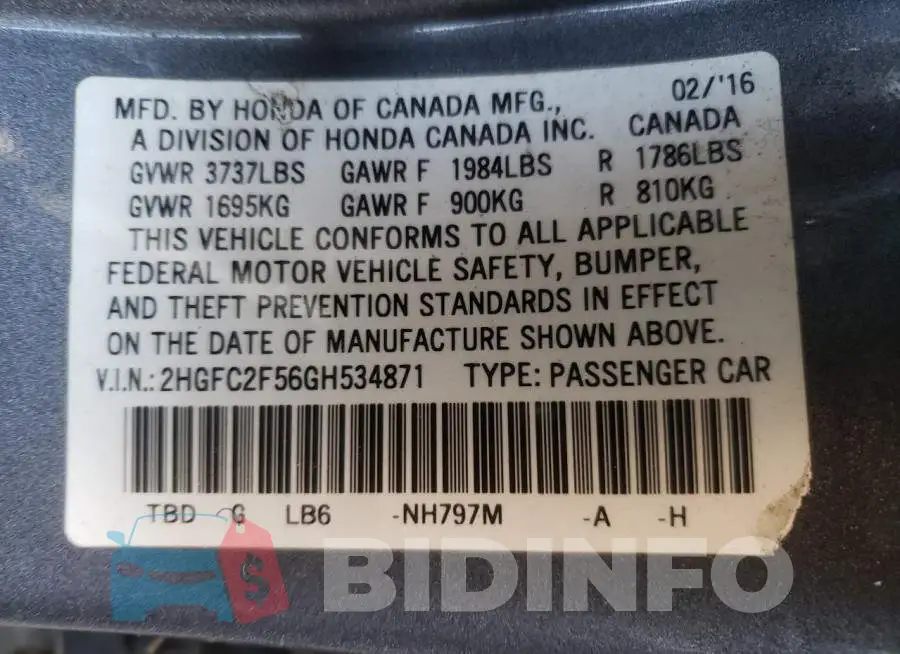 2HGFC2F56GH534871 Photo# 10