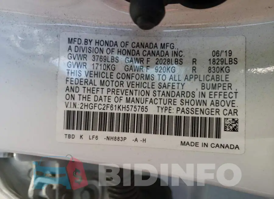 2HGFC2F61KH575765 Photo# 10