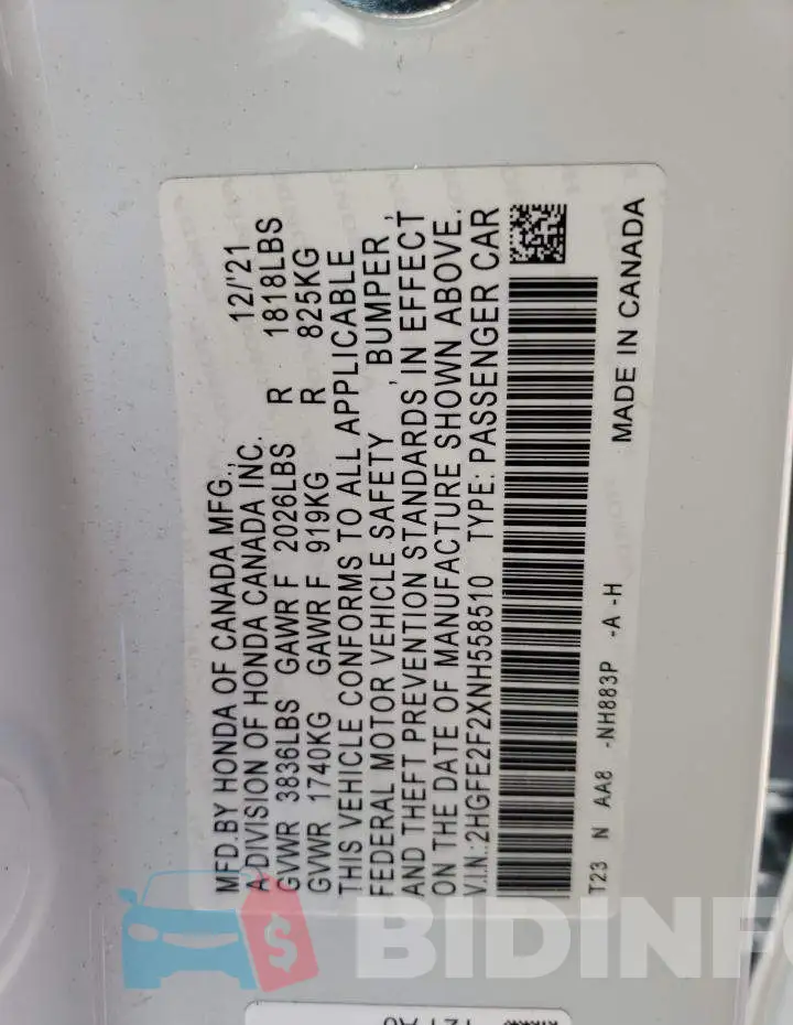 2HGFE2F2XNH558510 Photo# 10